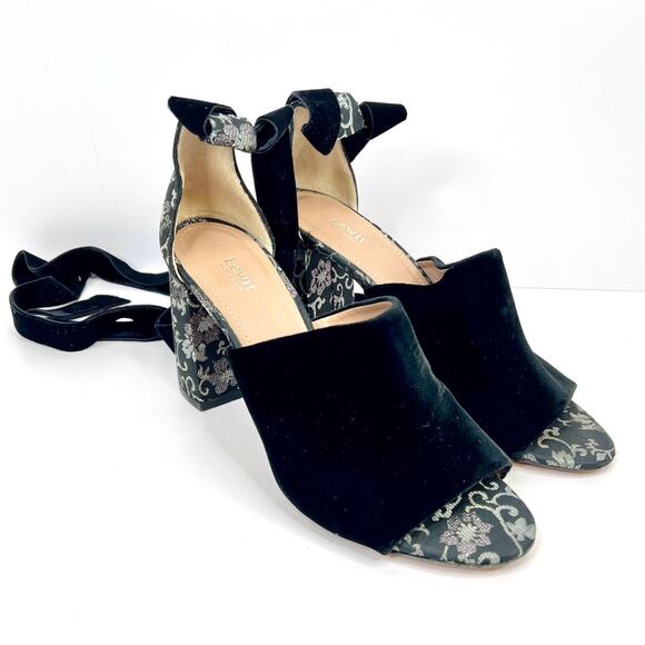 LEWIT Women's Size 9 Black Floral Velvet Tie Wrap Open Toe Block Heels Shoes - Picture 5 of 14